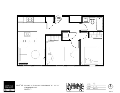 Floor plan for 2 beds, 1 bath, 580 sqft